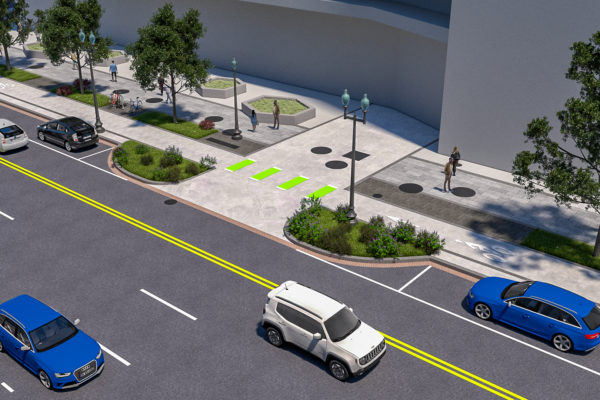 Illustration of the revised green medians buffering parking from the garage entrance in the 1900 block.